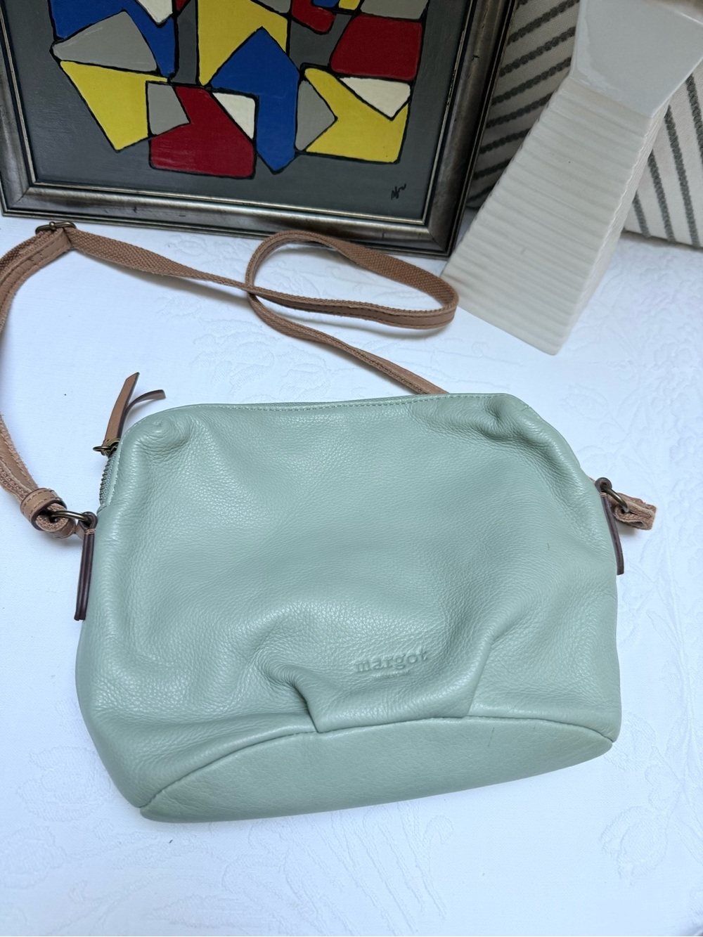 margot Mint Green Pebbled Leather Crossbody with Tan Adjustable Strap